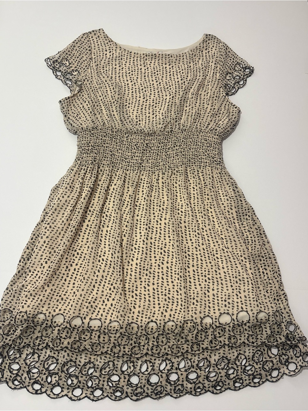 Bar III Beige Dress with Black Dot Print and Lace Hem